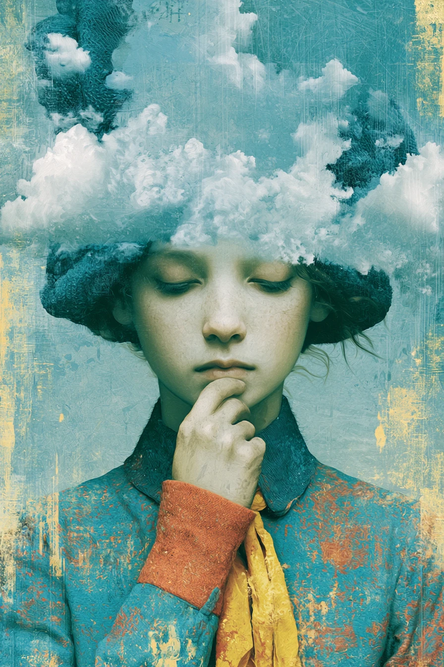 Surreal digital painting in rich indigo and turquoise hues