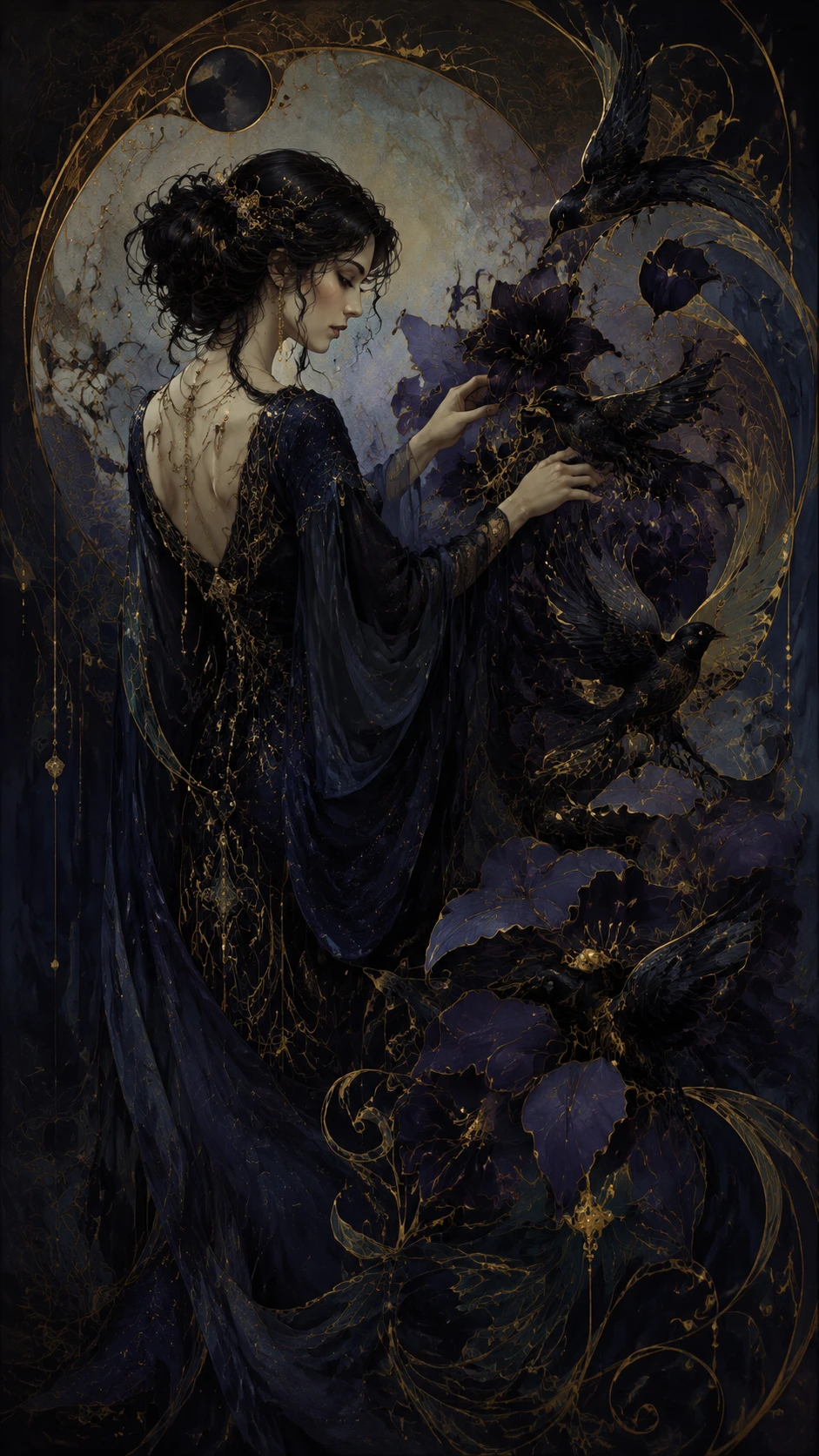 Elegant woman arranging flowers that transform into small ravens