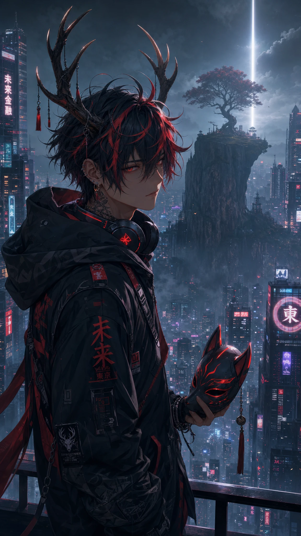 Hombre de anime con astas sobre una ciudad cyberpunk entre la niebla