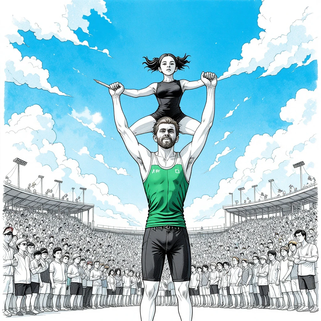 Athletic man balancing young girl in outdoor handstand performance