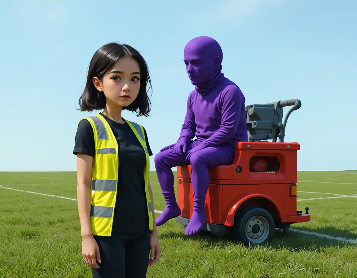 Young woman guiding a rider on a red lawn mower