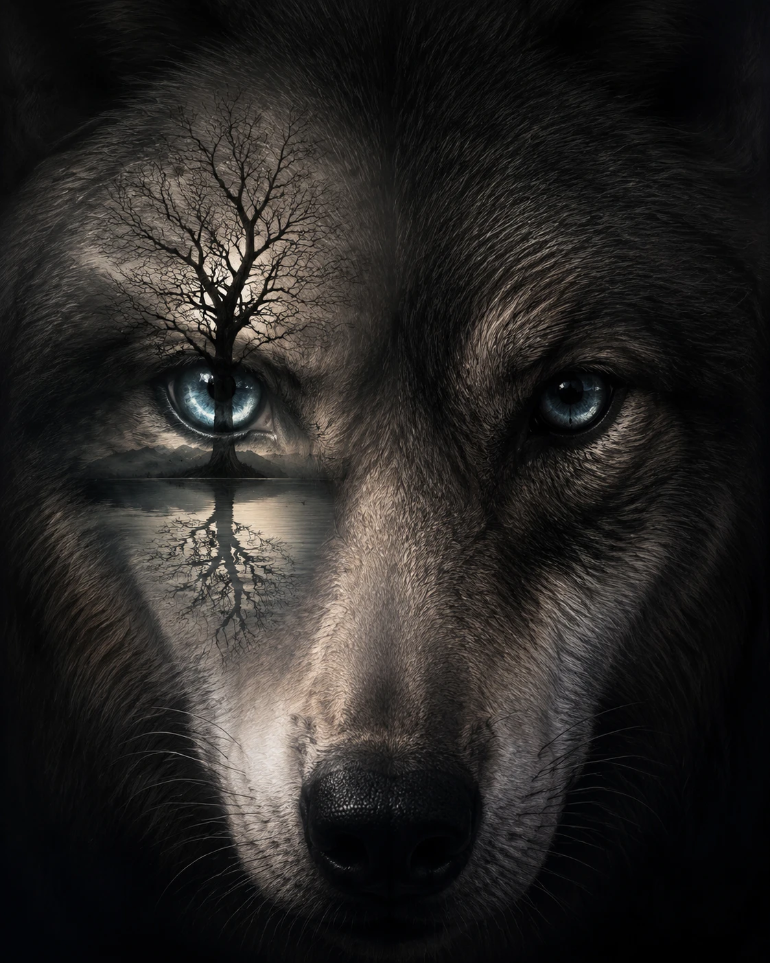 Surreal wolf portrait with eye transforming into quiet landscape