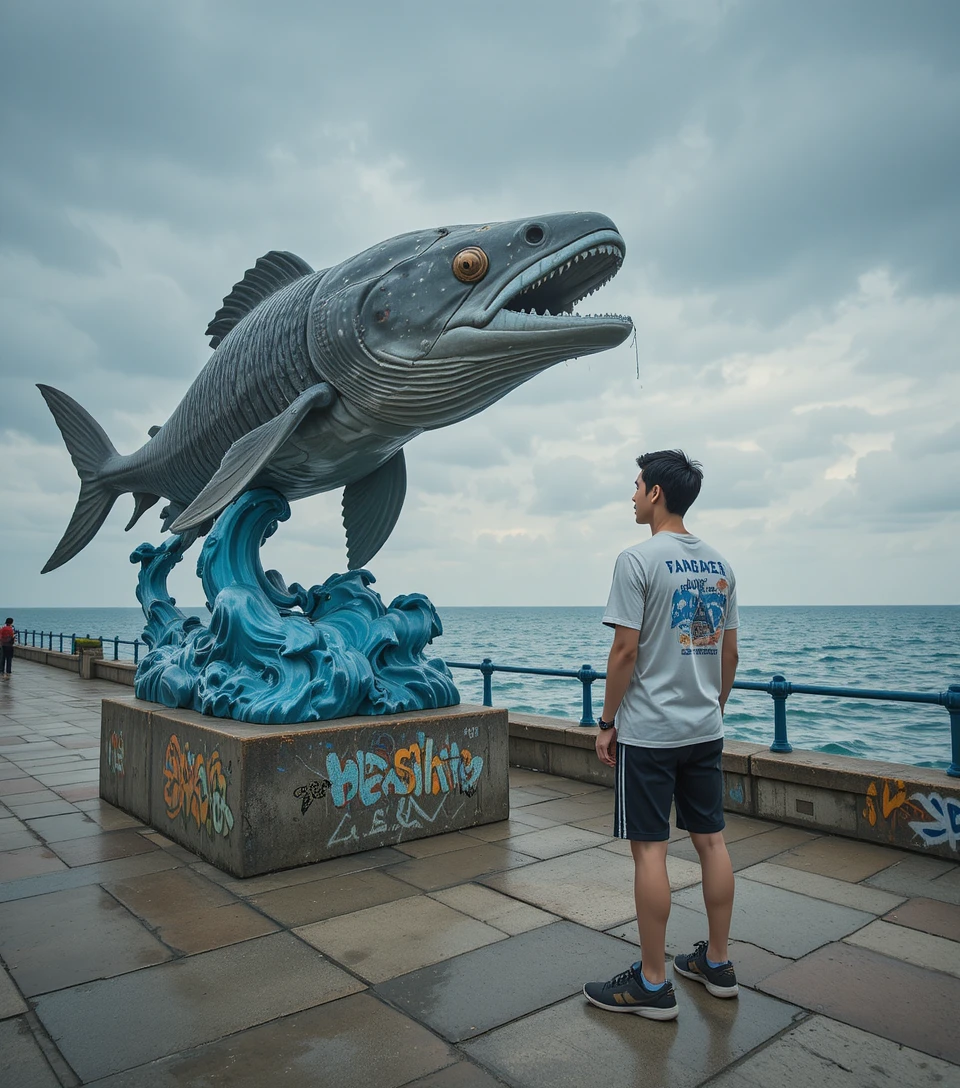 Young man fishing by a giant coelacanth statue on waterfront
