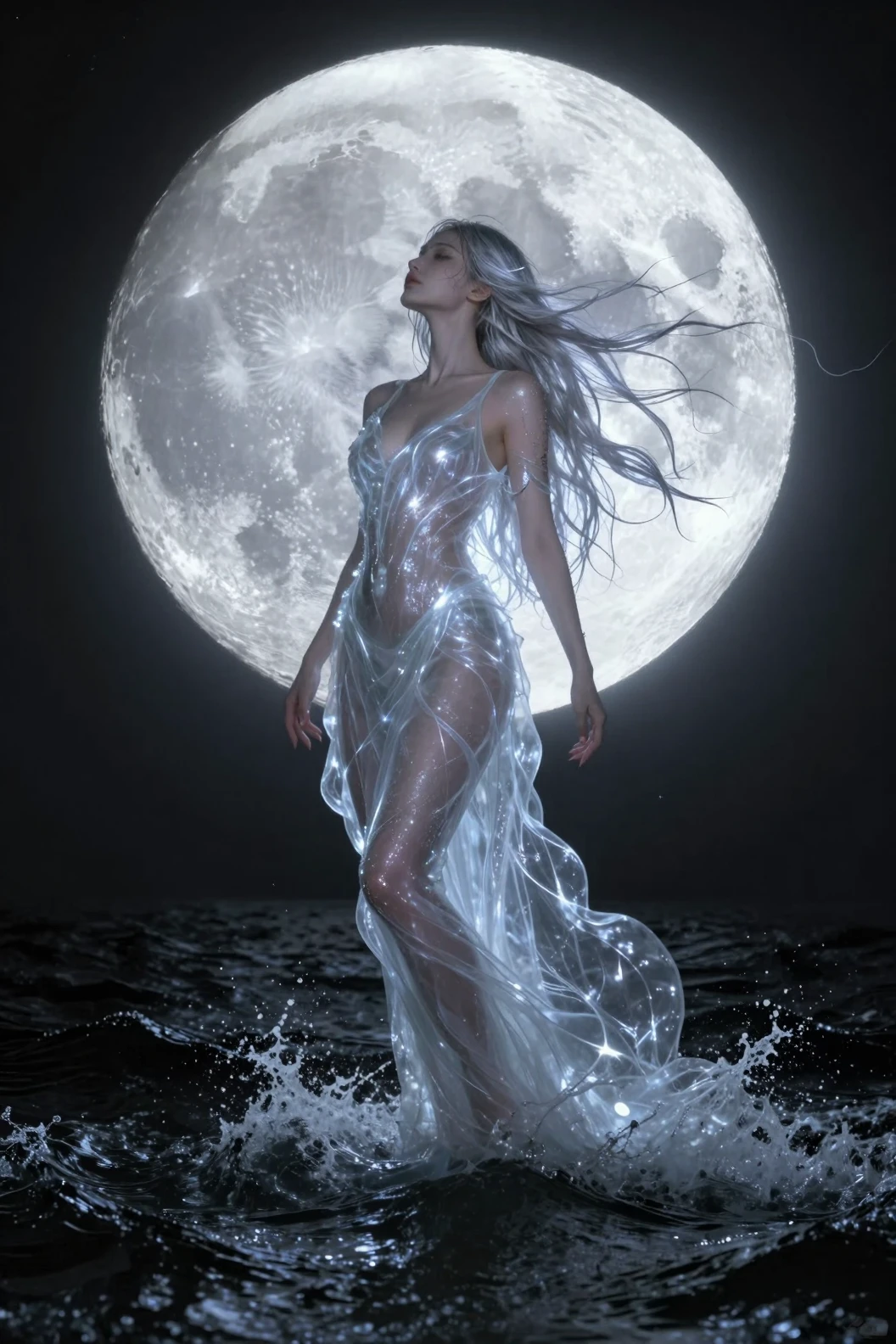Sirena mítica alzándose ante una luna gigante y brillante