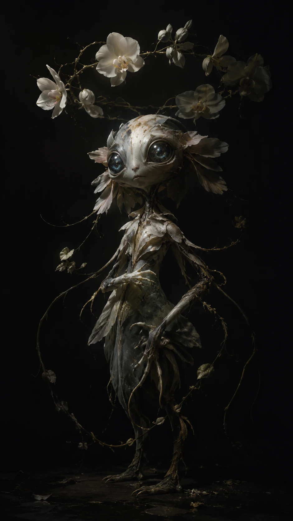 Mystical hybrid creature beneath orbiting orchids in darkness