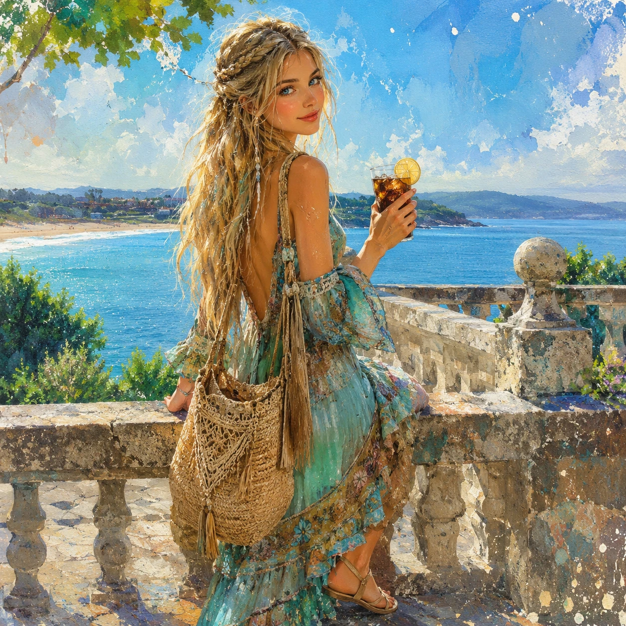 Boho blonde girl with cola glass on a sunny day