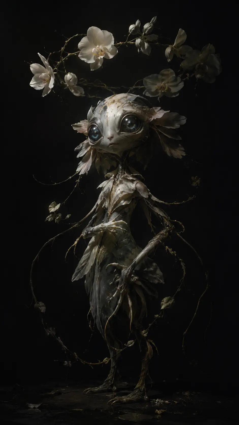Mystical hybrid creature beneath orbiting orchids in darkness
