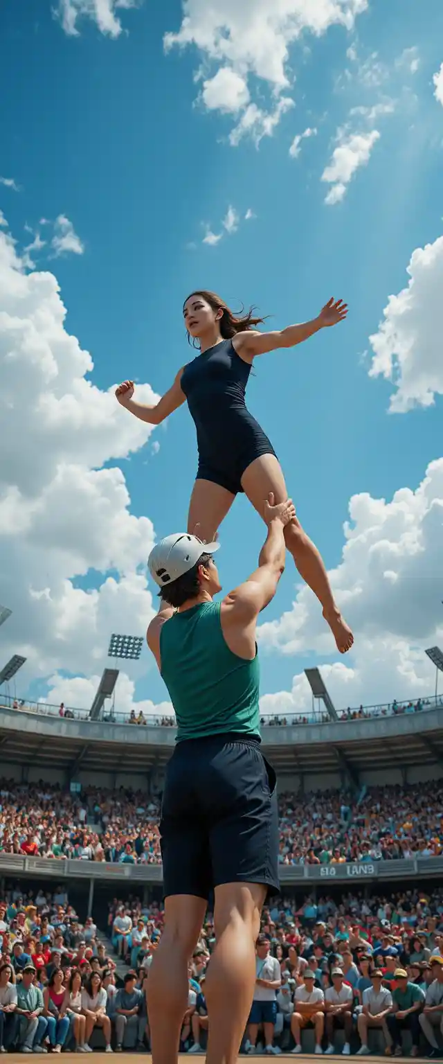 Athletic man lifting girl in handstand above outdoor crowd