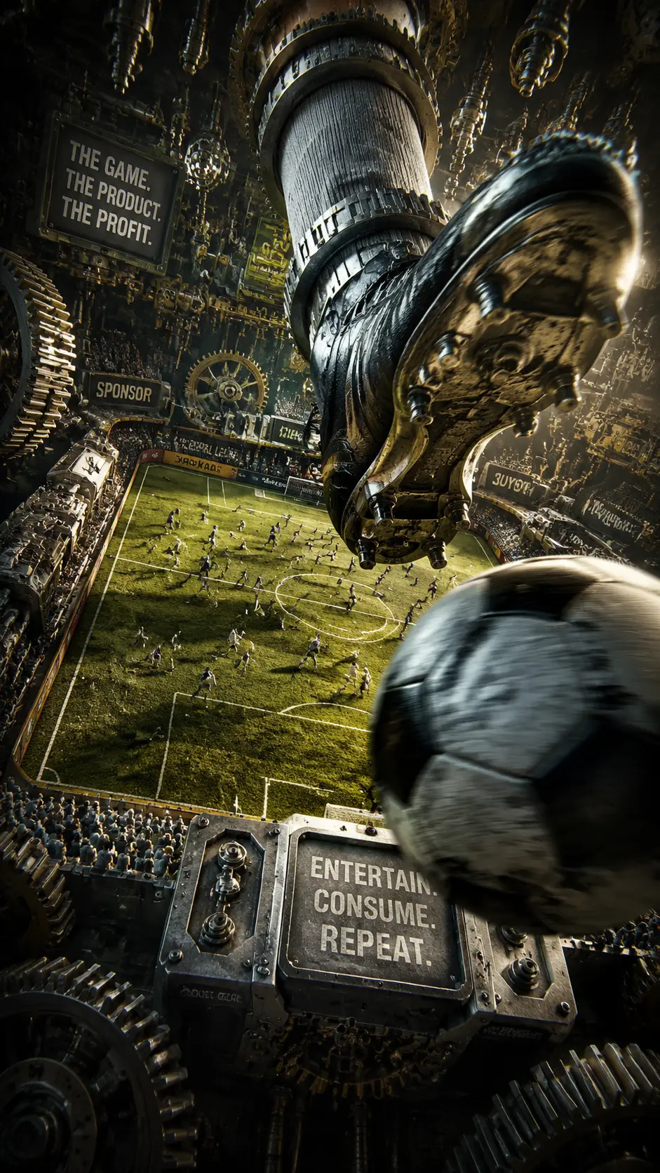 Surreal soccer match inside a giant mechanical world