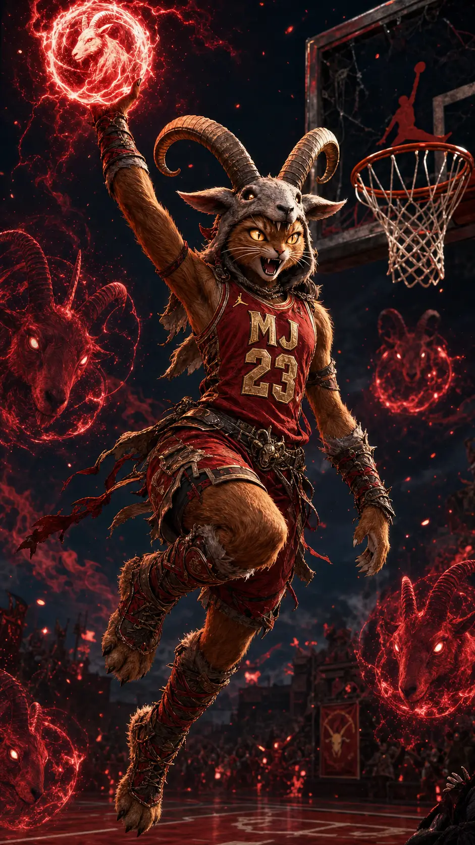 Anthro feline warrior dunking on a dark fantasy court