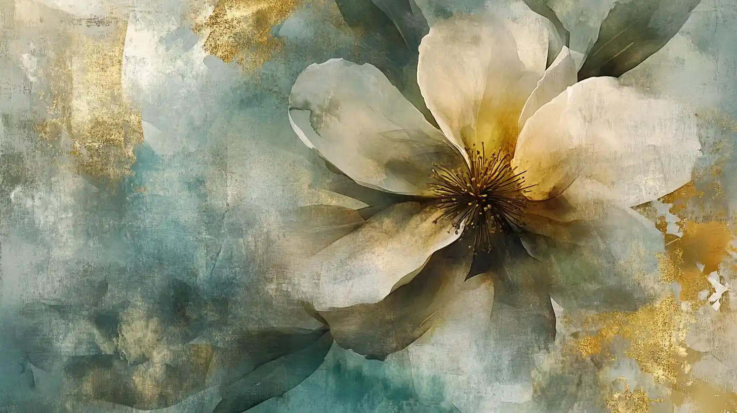 Abstract botanical bloom dissolving into layered watercolor forms