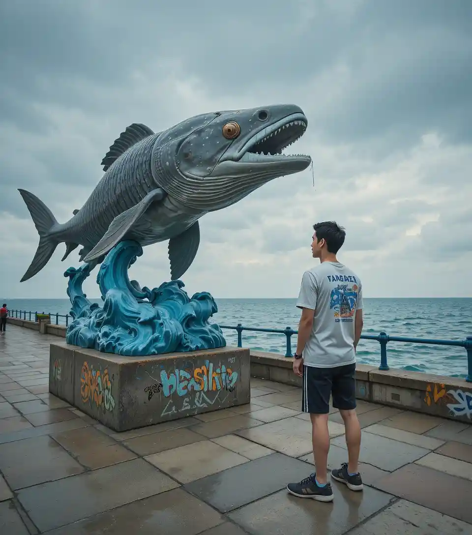 Young man fishing by a giant coelacanth statue on waterfront