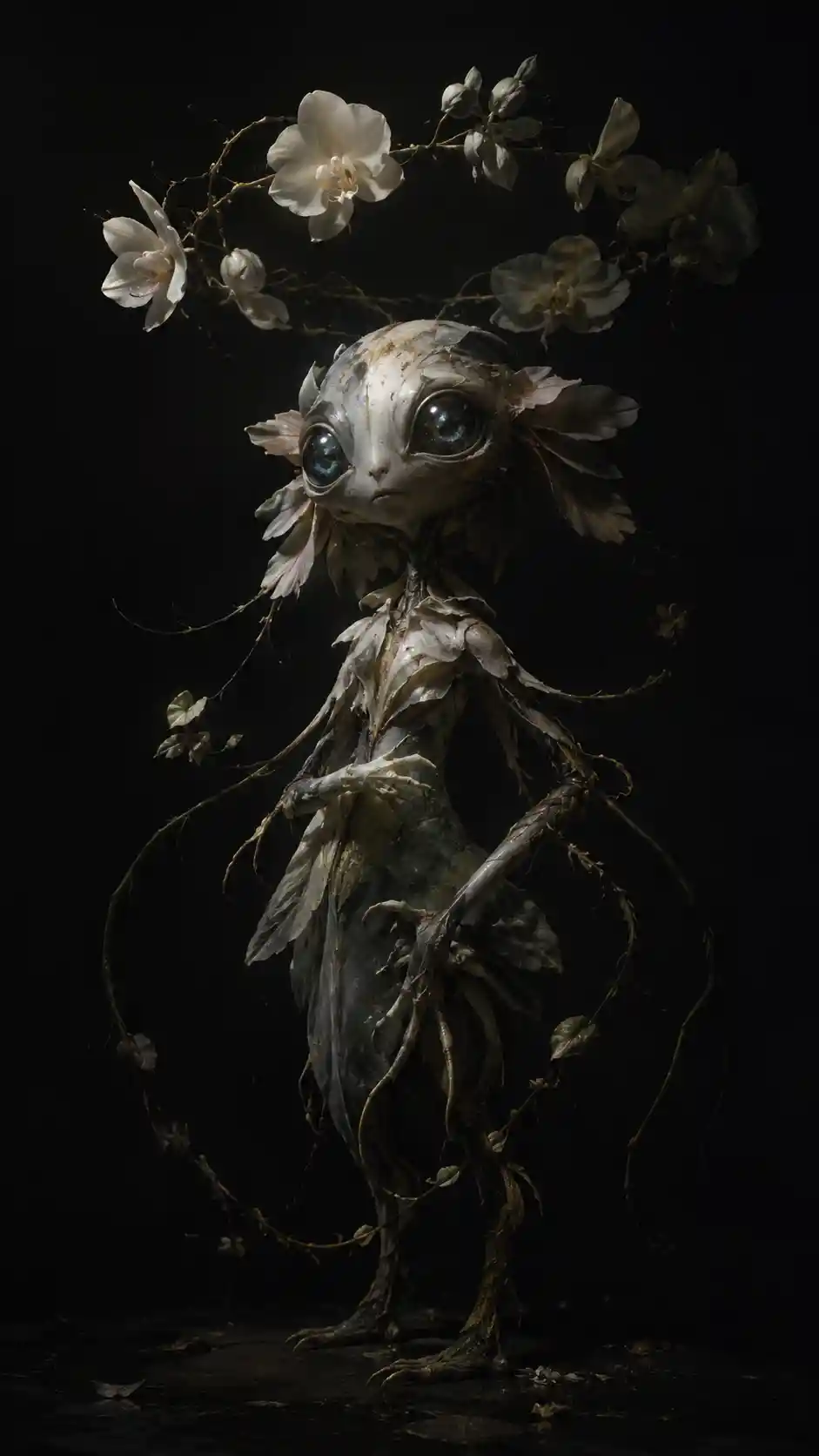 Mystical hybrid creature beneath orbiting orchids in darkness