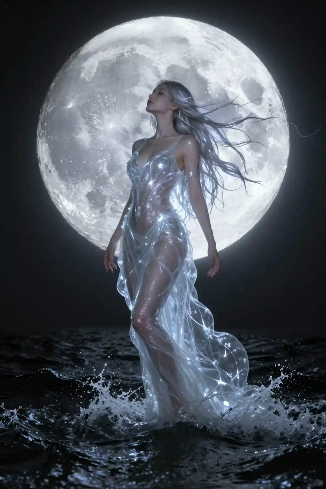 Sirena mítica alzándose ante una luna gigante y brillante