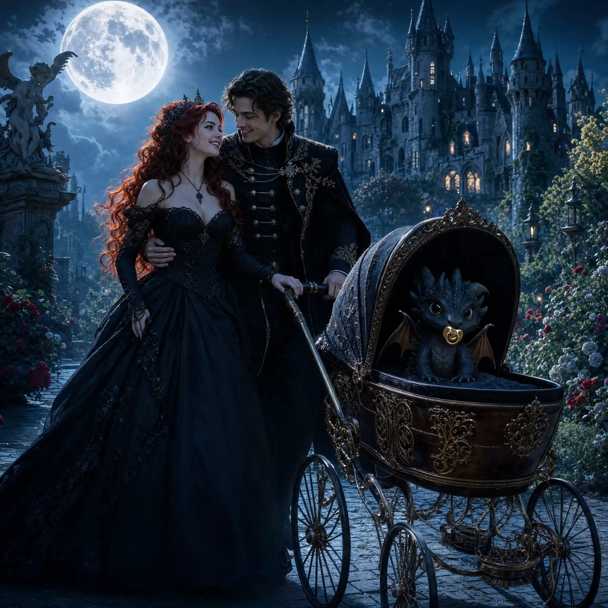 Princess and prince walking with a dragon baby carriage