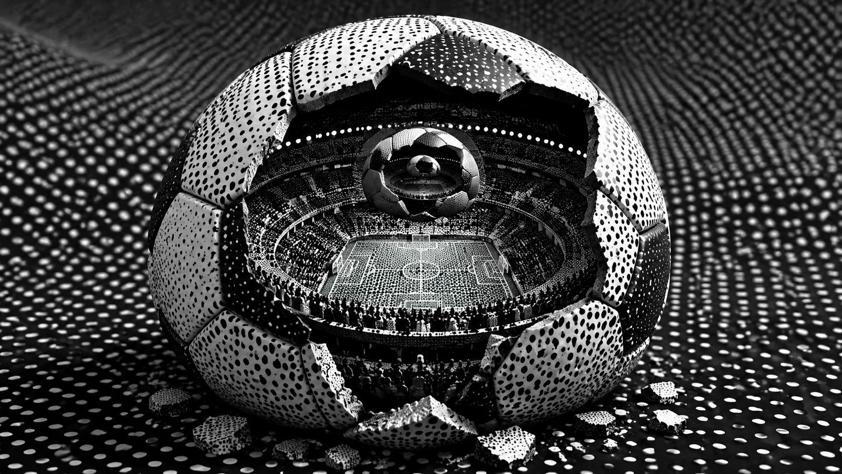 Cracked Soccer Ball Revealing Surreal Miniature Stadium Within