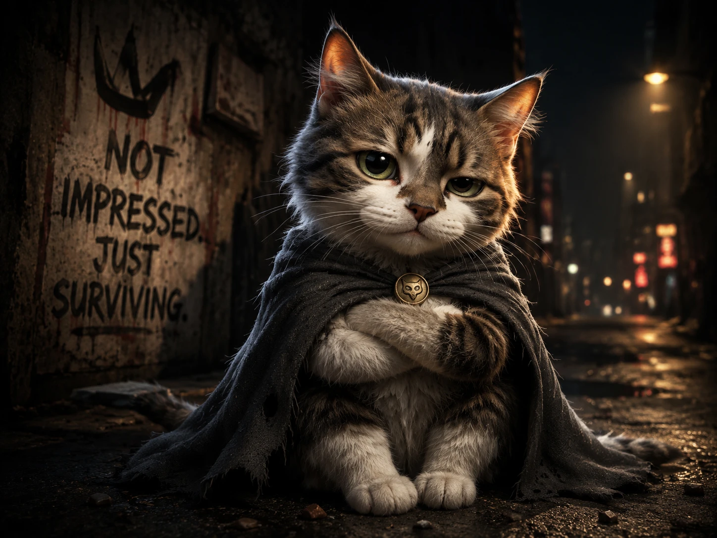 Pequeño gato callejero valiente con mirada expresiva e insegura