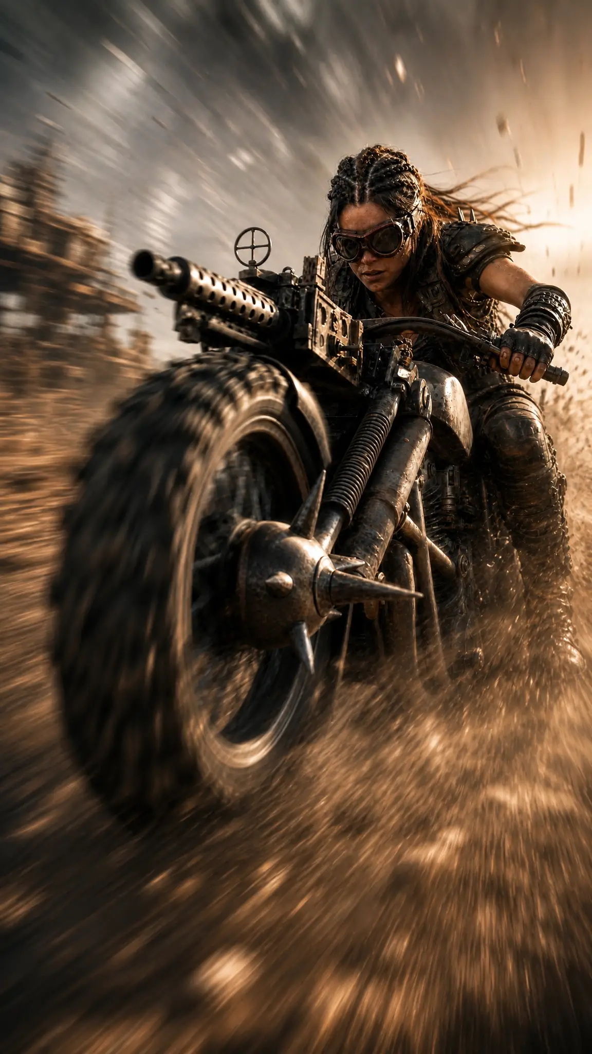 Post apocalyptic biker woman on armored motorcycle