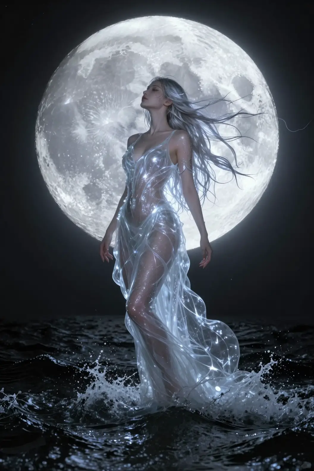Mythische Sirene erhebt sich vor einem riesigen leuchtenden Mond