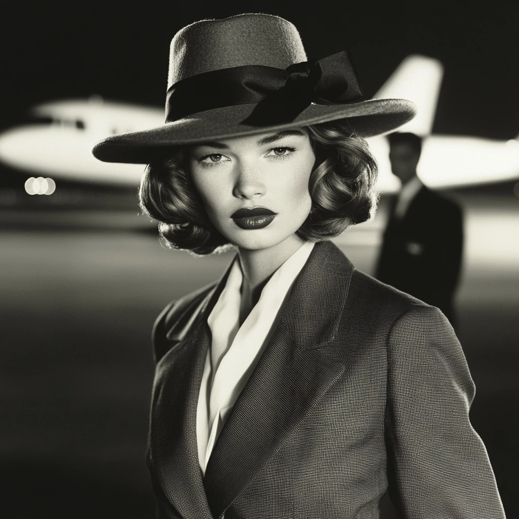 Stylish woman in suit on airport runway at night