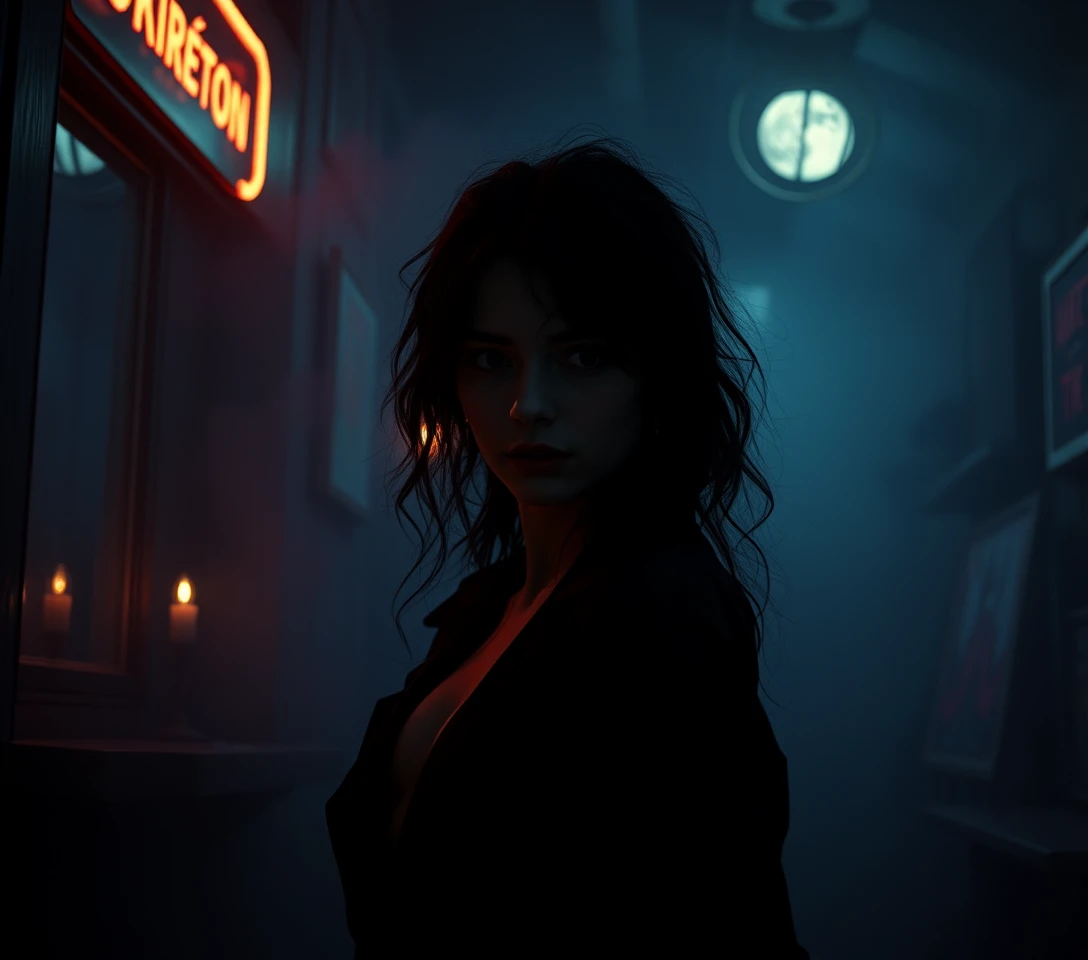 Surreal cinematic portrait of a mysterious elegant woman