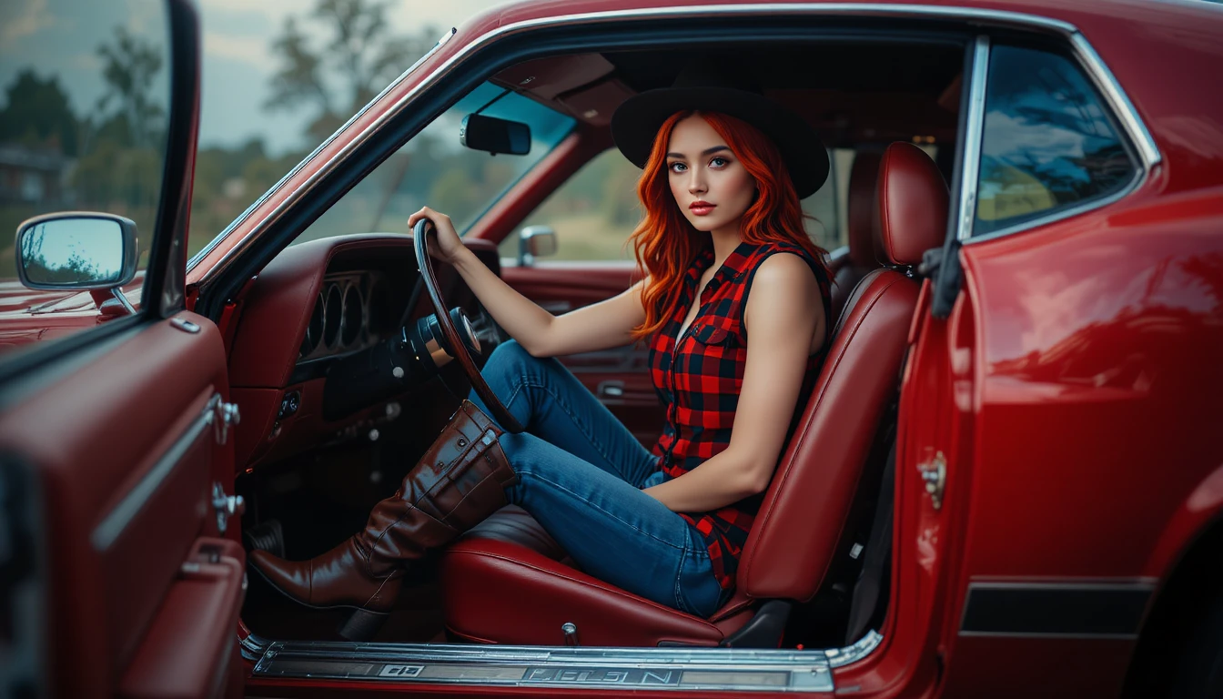 Donna dai capelli rossi con cappello da cowboy in un Mustang rosso d’epoca