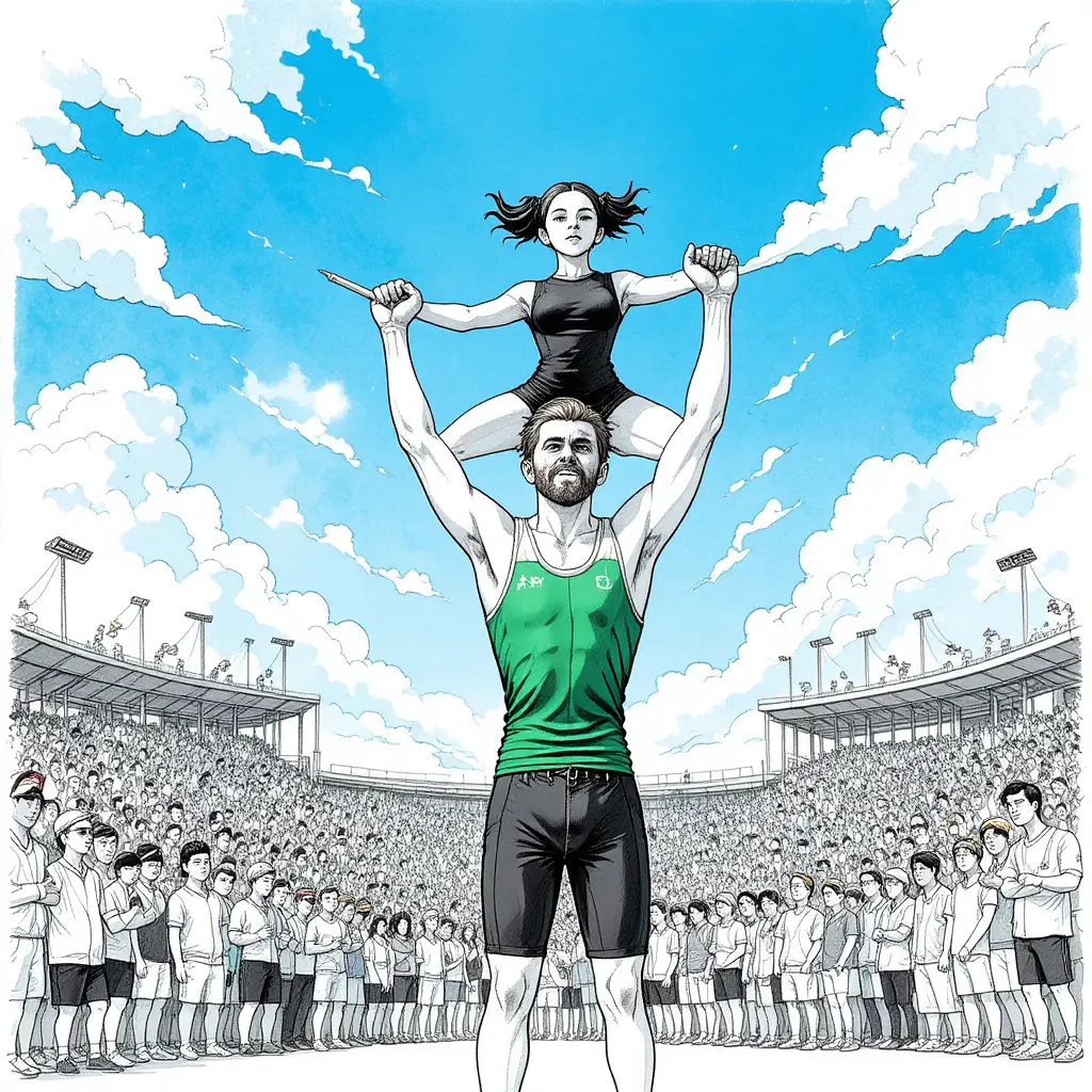 Athletic man balancing young girl in outdoor handstand performance