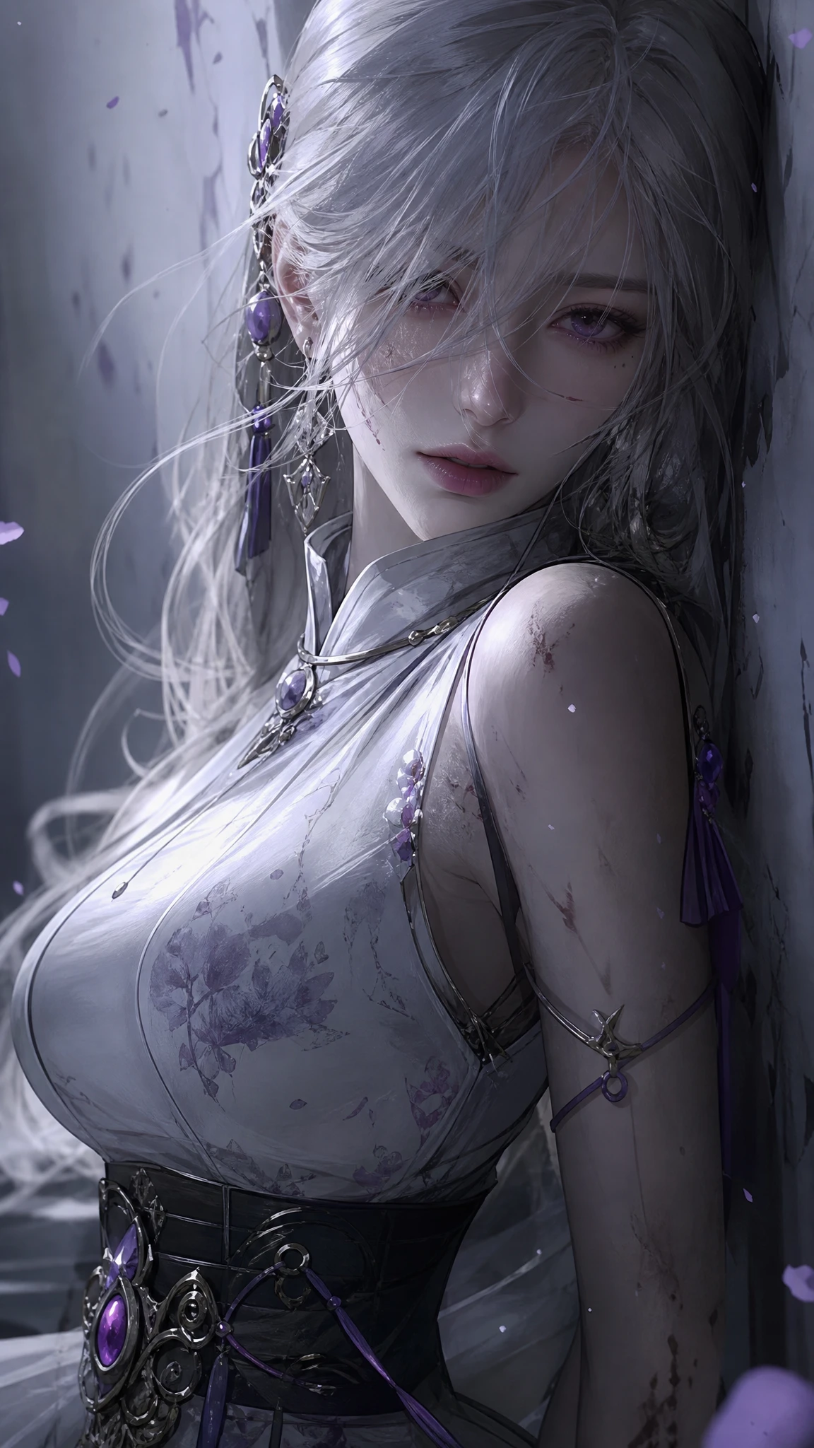 神秘的な白髪の少女ポートレート（紫の瞳）