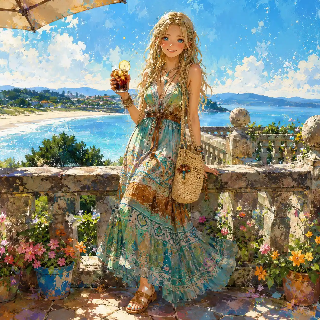 Boho blonde girl smiling with cola on a sunny day