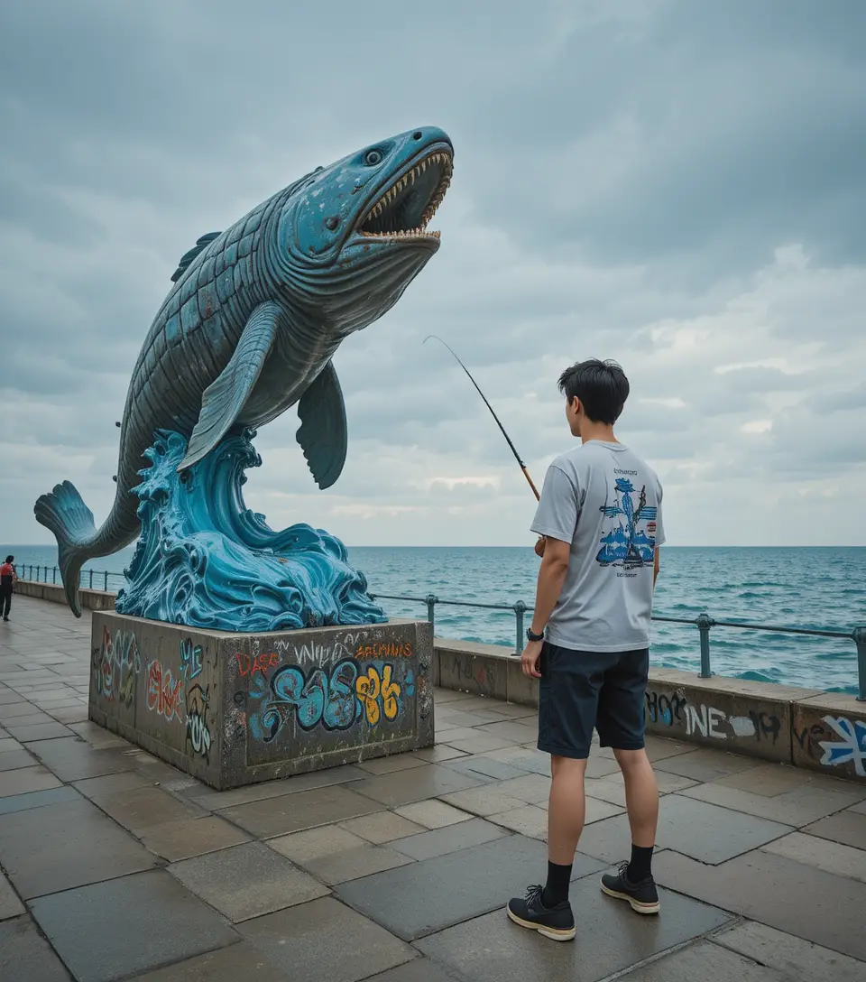 Young man fishing beside large coelacanth statue by the sea