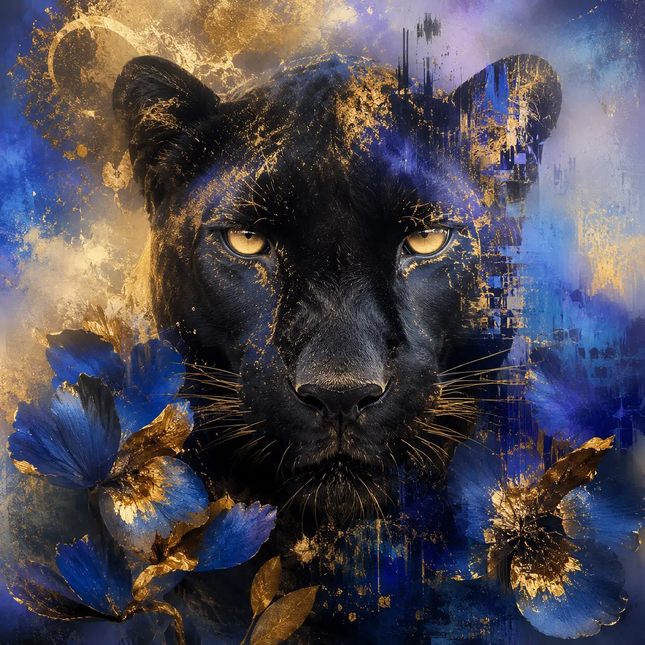 Close up digital art of a black panther with gold
