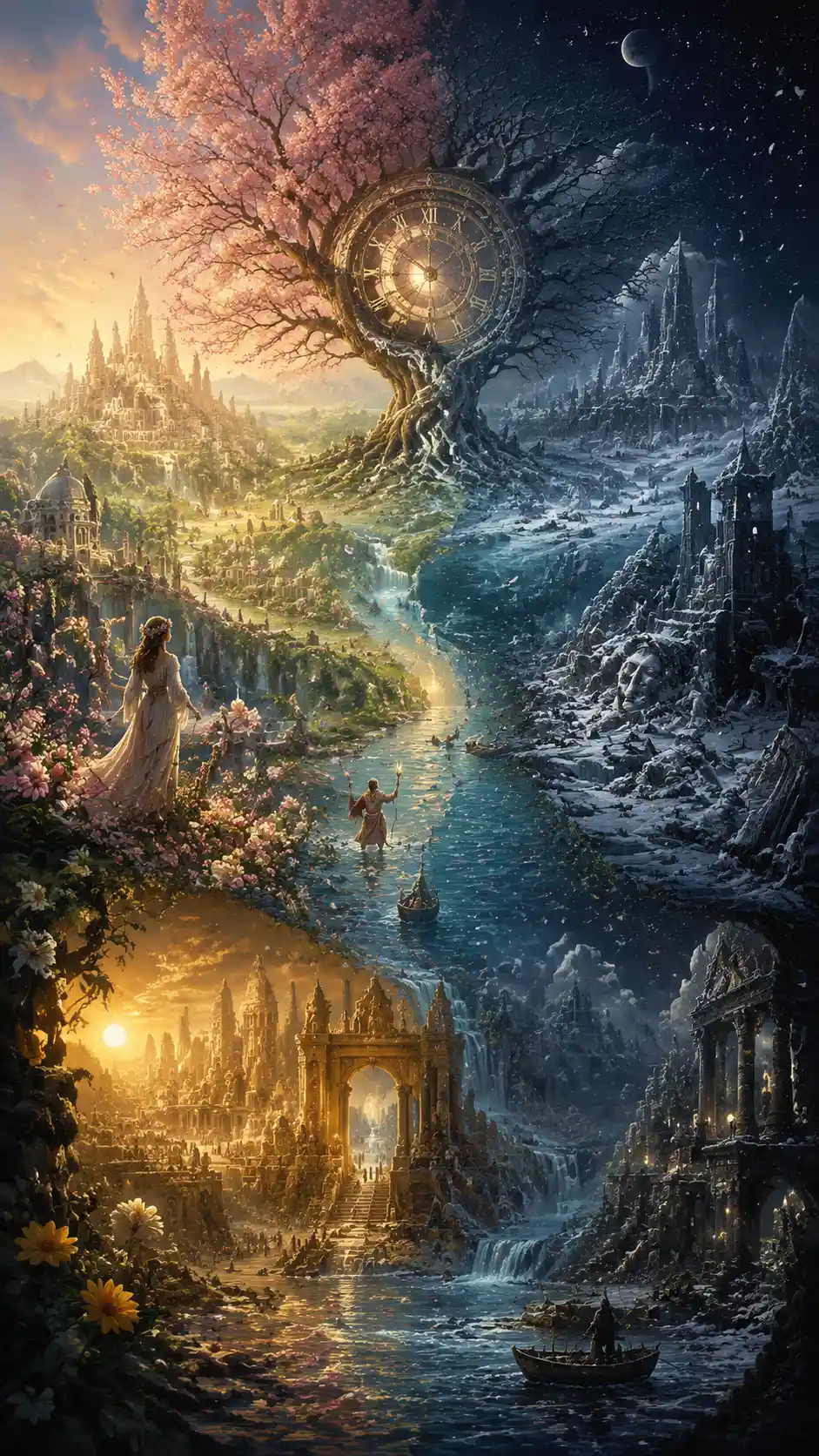 Mythic fantasy landscape revealing four intertwined ages of time