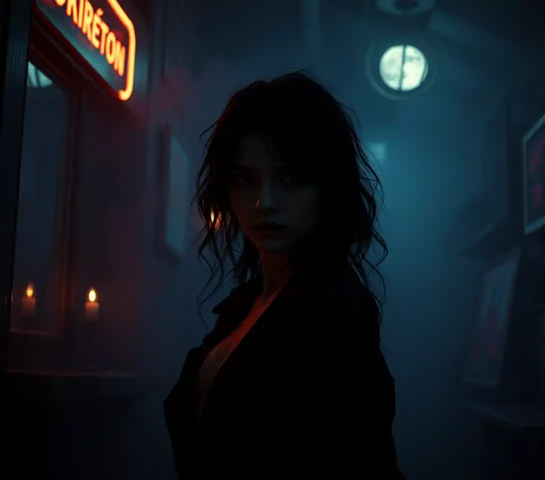 Surreal cinematic portrait of a mysterious elegant woman