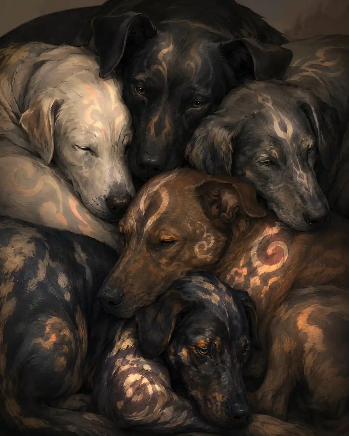 Close group of painted dogs with soft glowing fur