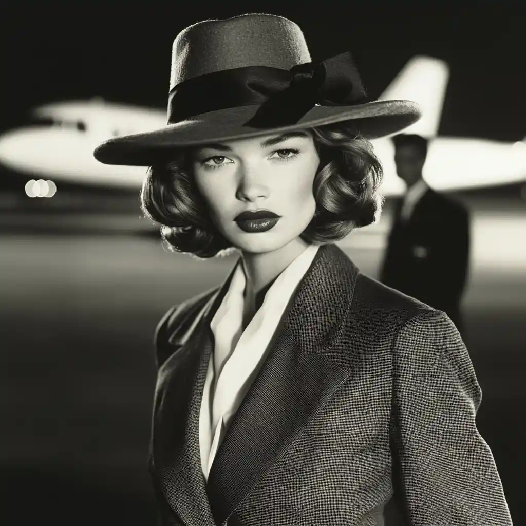 Stylish woman in suit on airport runway at night