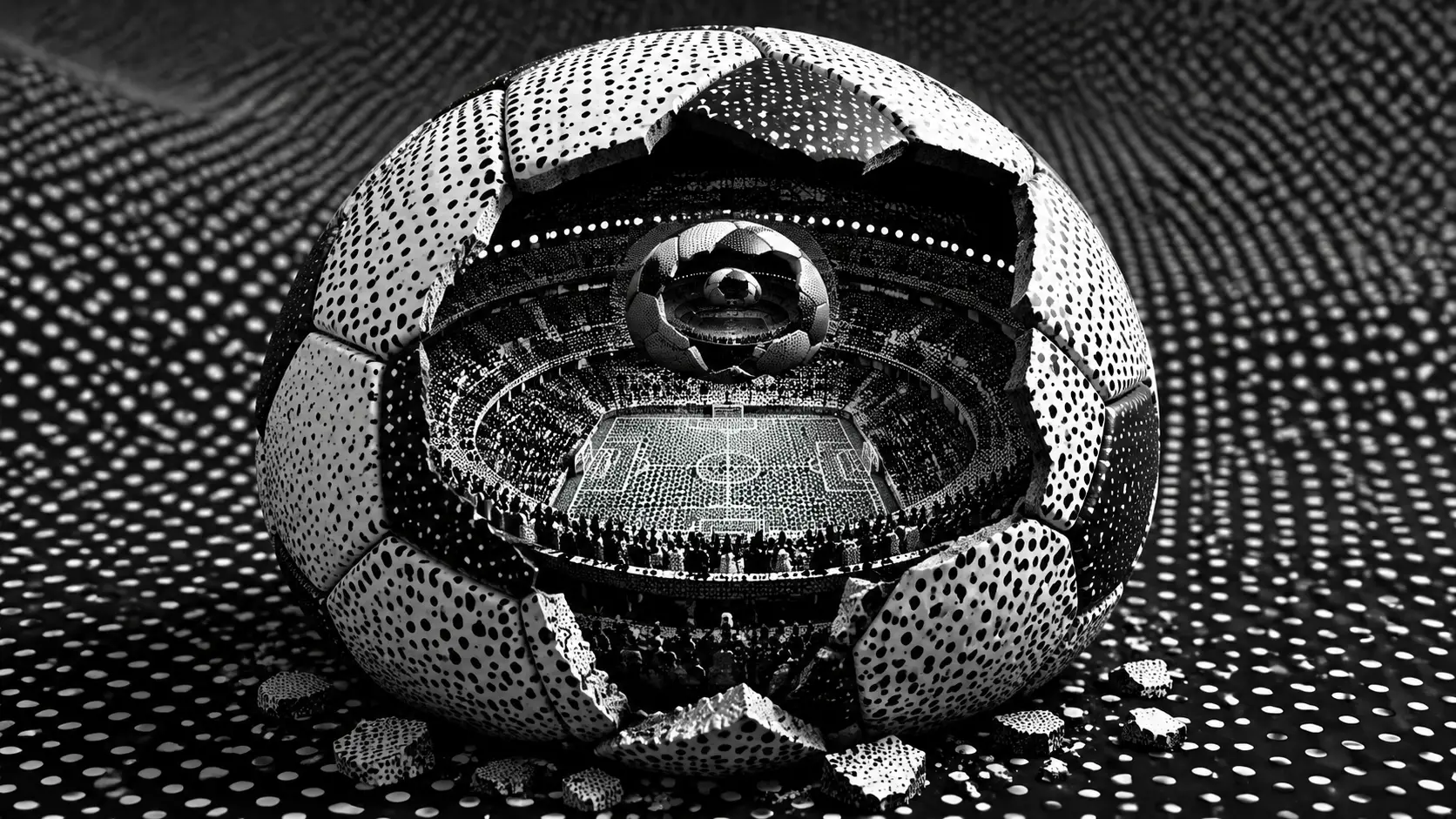Bola de futebol rachada revelando estádio miniatura surreal por dentro