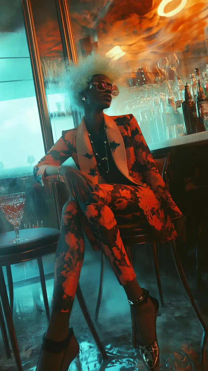 Man sitting at a Jamaican bar counter at night