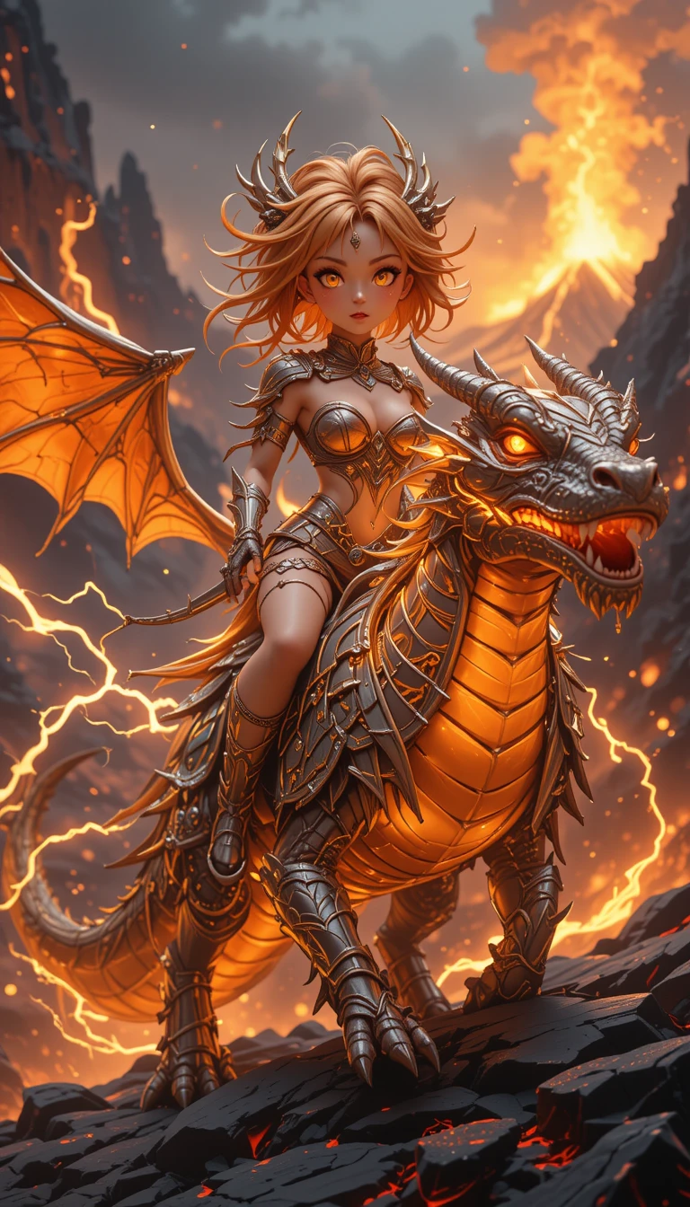 Anime warrior woman riding dragon over volcanic landscape