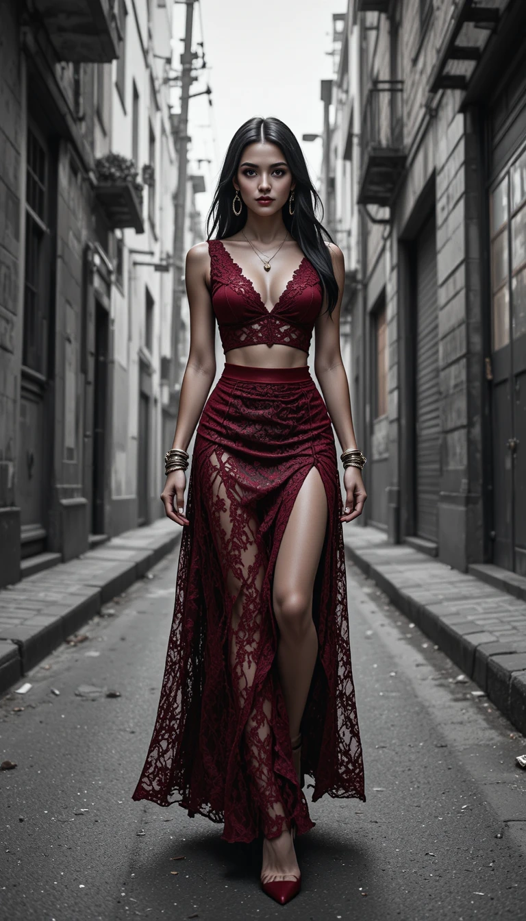 Tall woman walking in lace outfit along urban alley