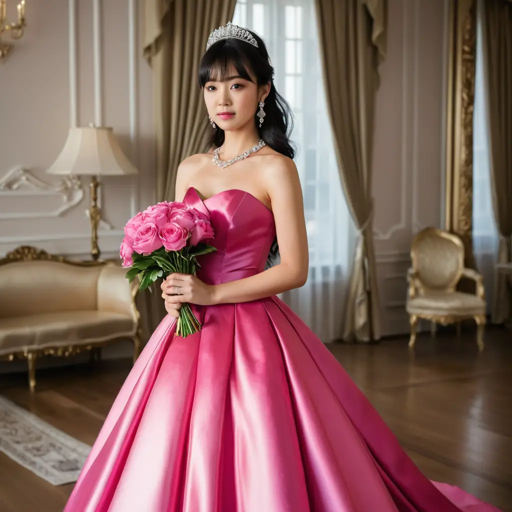 Elegant Japanese bride in hot pink satin gown
