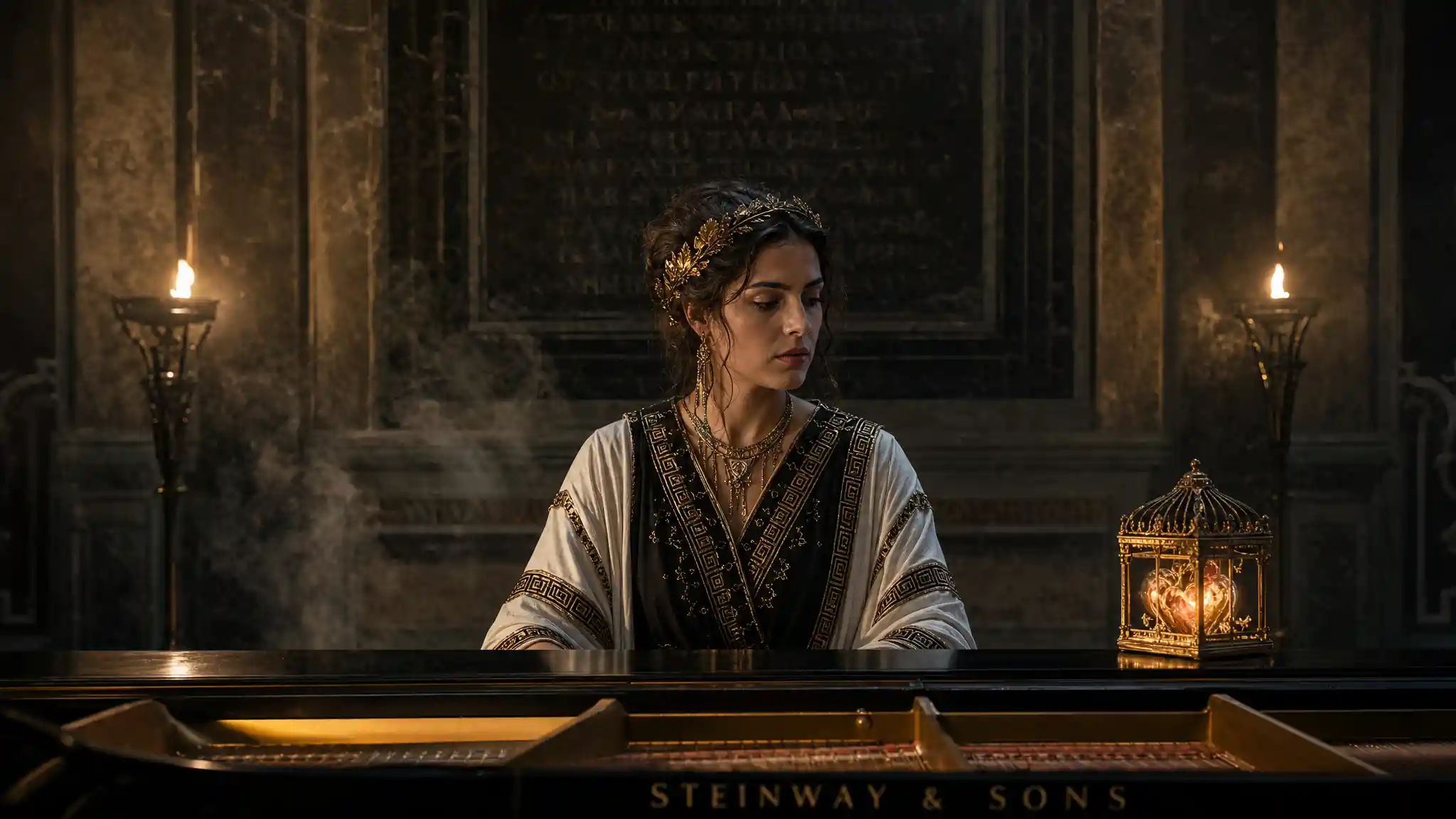 Calm oracle priestess at a grand piano in marble temple