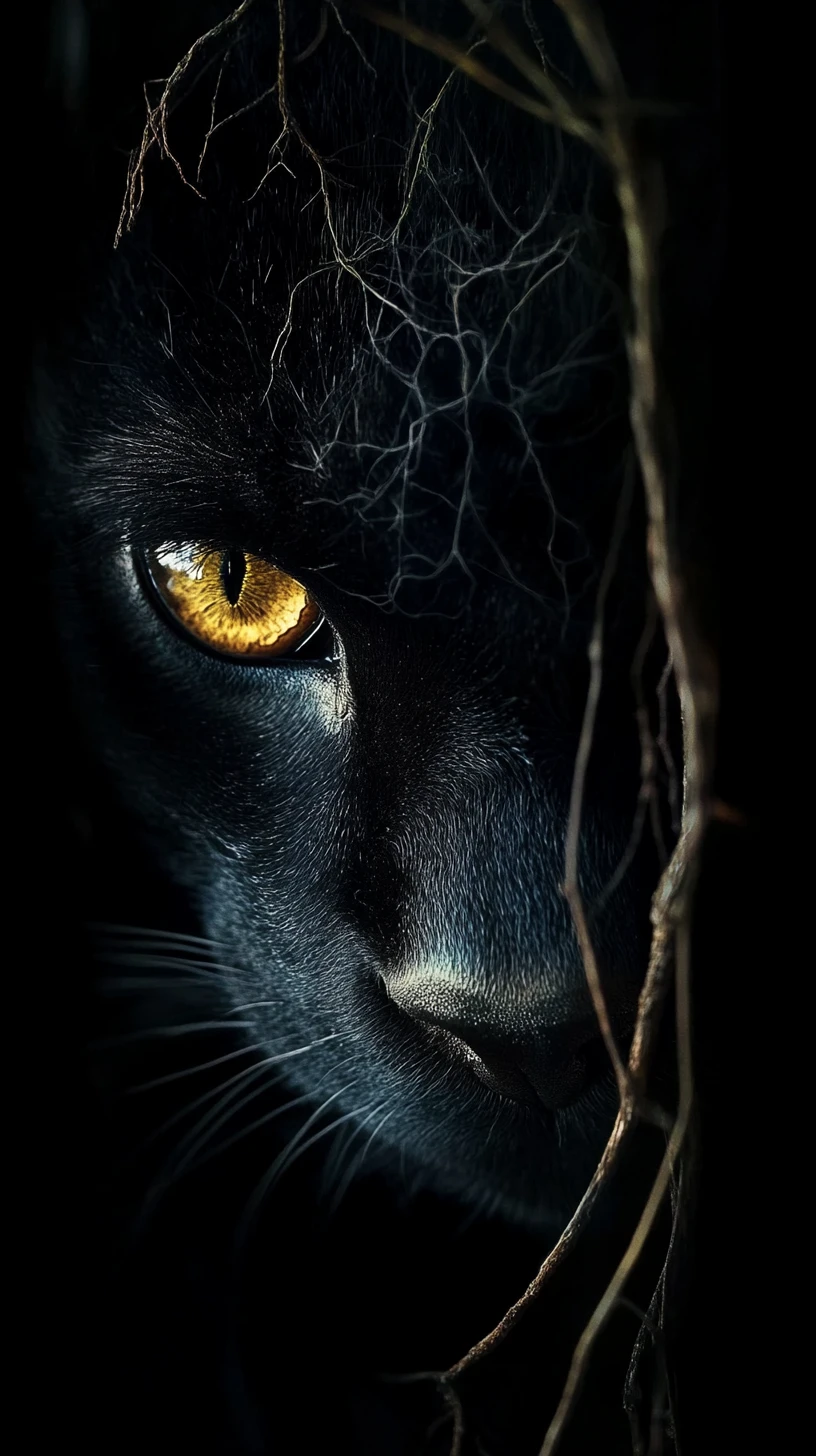 Black panther emerging from darkness with a single glowing eye