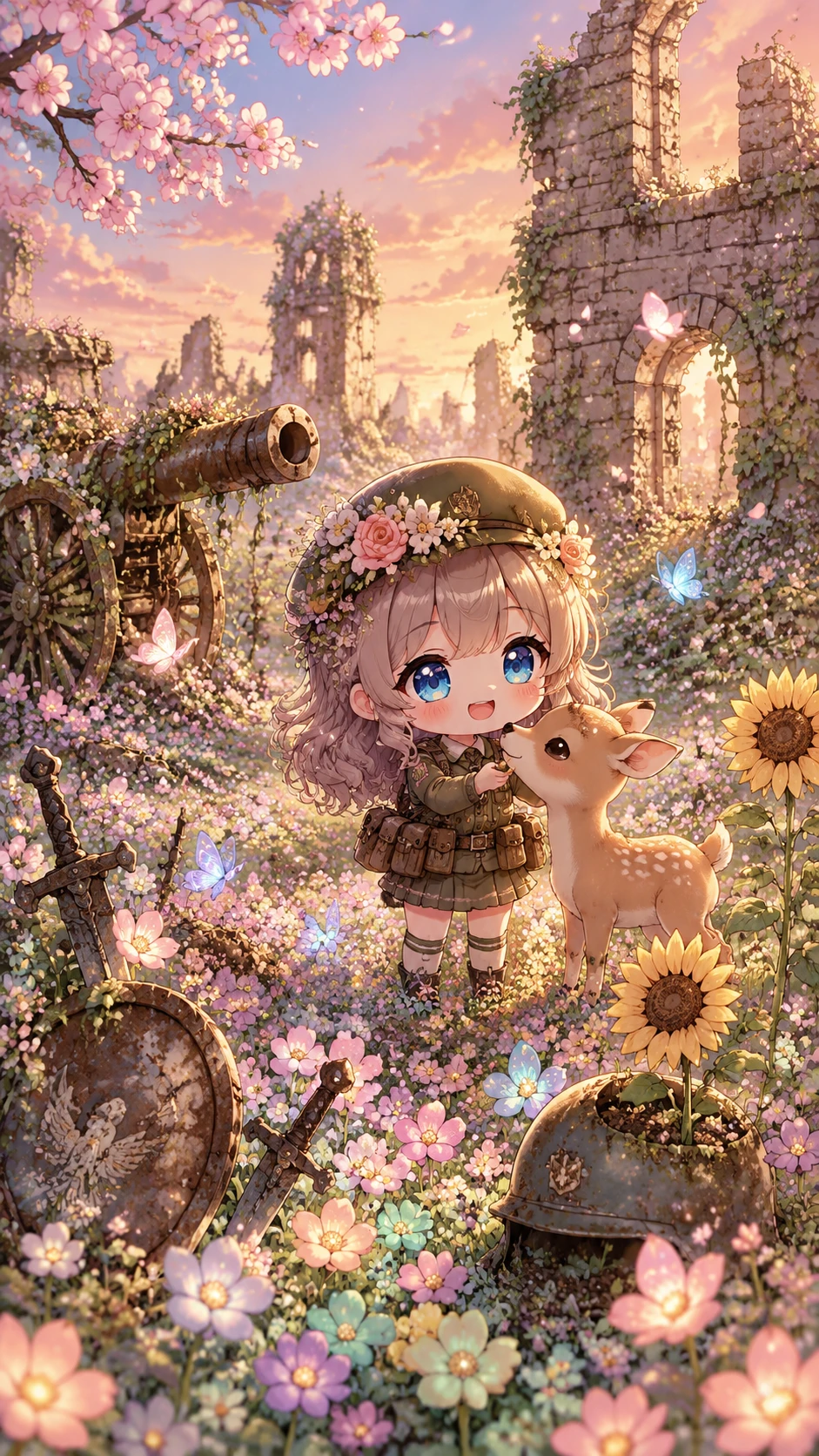 Chica Soldado Chibi con Ciervo en Campo de Batalla Florido