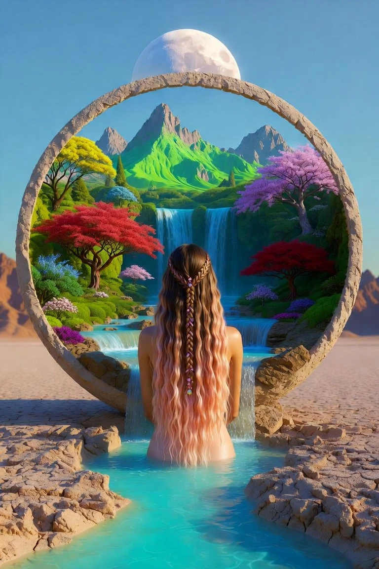 Ethereal woman beneath waterfall in a glowing desert oasis