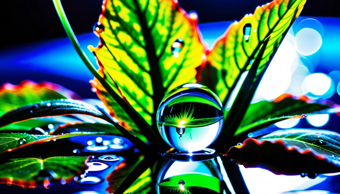 Macro dewdrop on green leaf with tiny ocean world