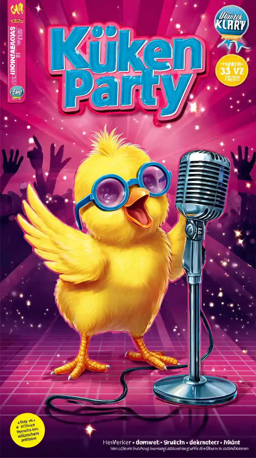 Cartoon chick singer on disco stage with retro microphone