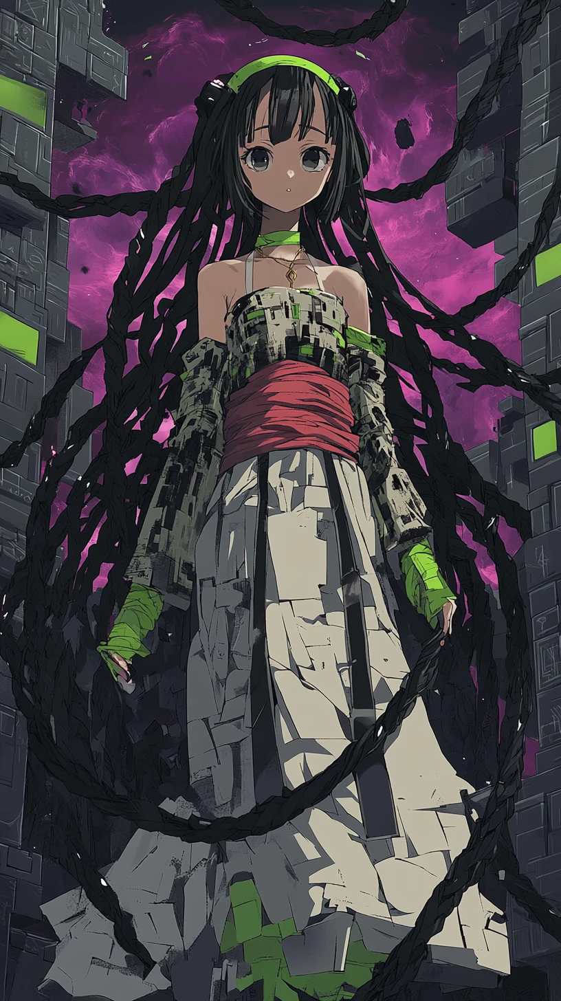 Anime girl in surreal world of gray blocks and tree