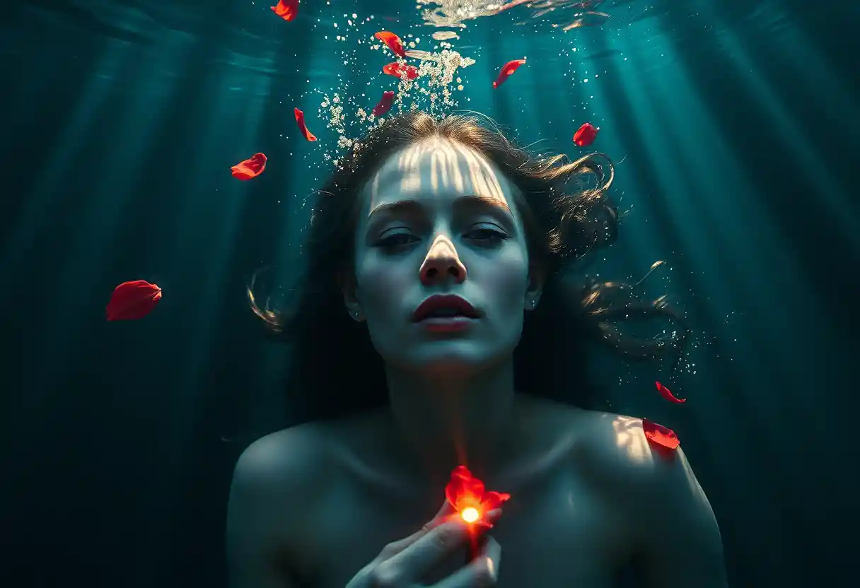 Mystical woman swimming underwater holding a glowing red flower