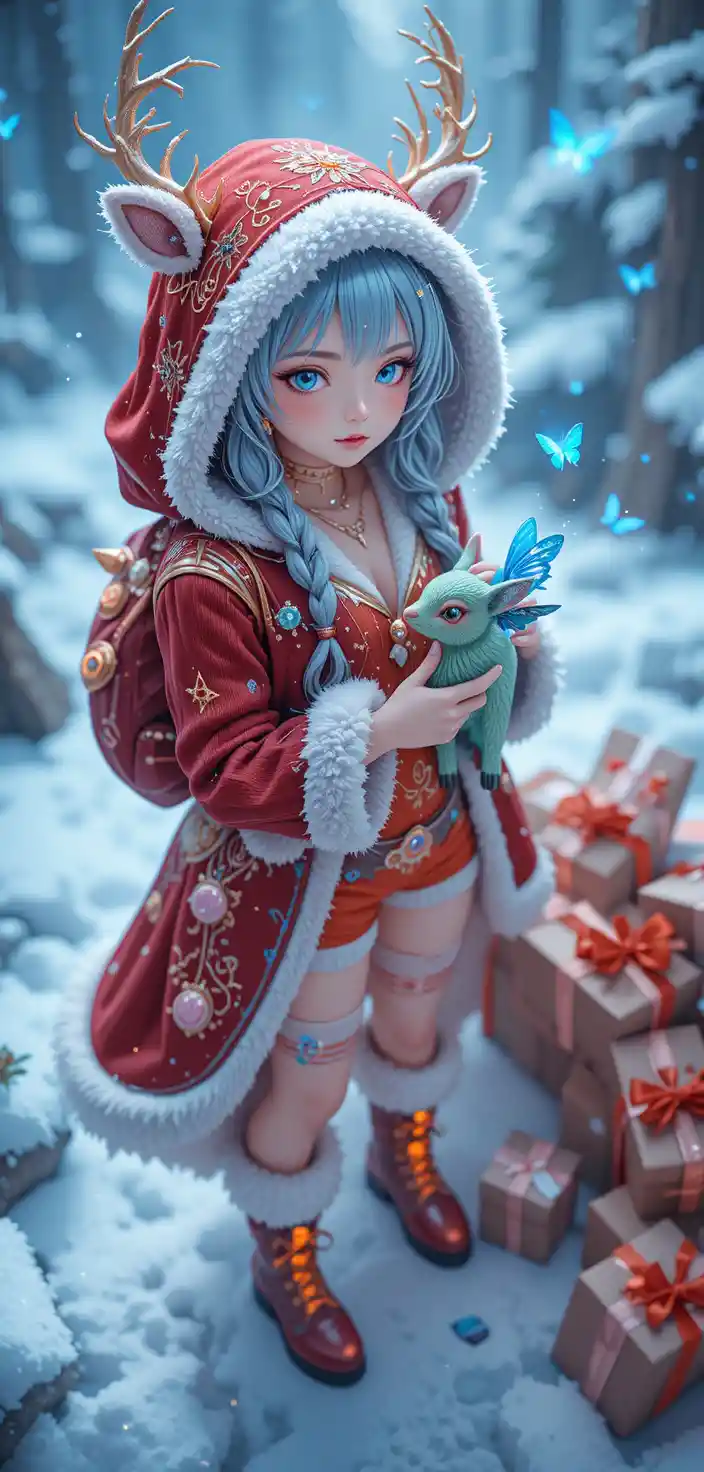 Anime reindeer girl in snowy magical christmas landscape
