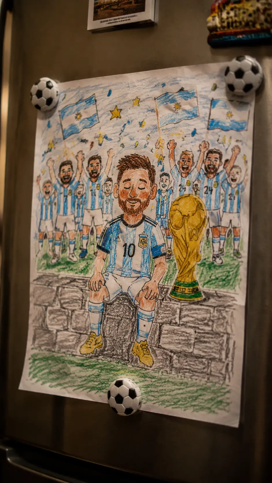 Disegno infantile a pastelli della gloria del calcio sul frigorifero in cucina